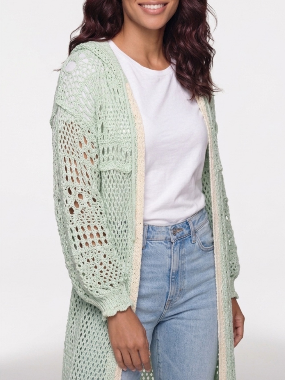 POL Light Mint Open-Knit Long Cardigan with Cream Trim